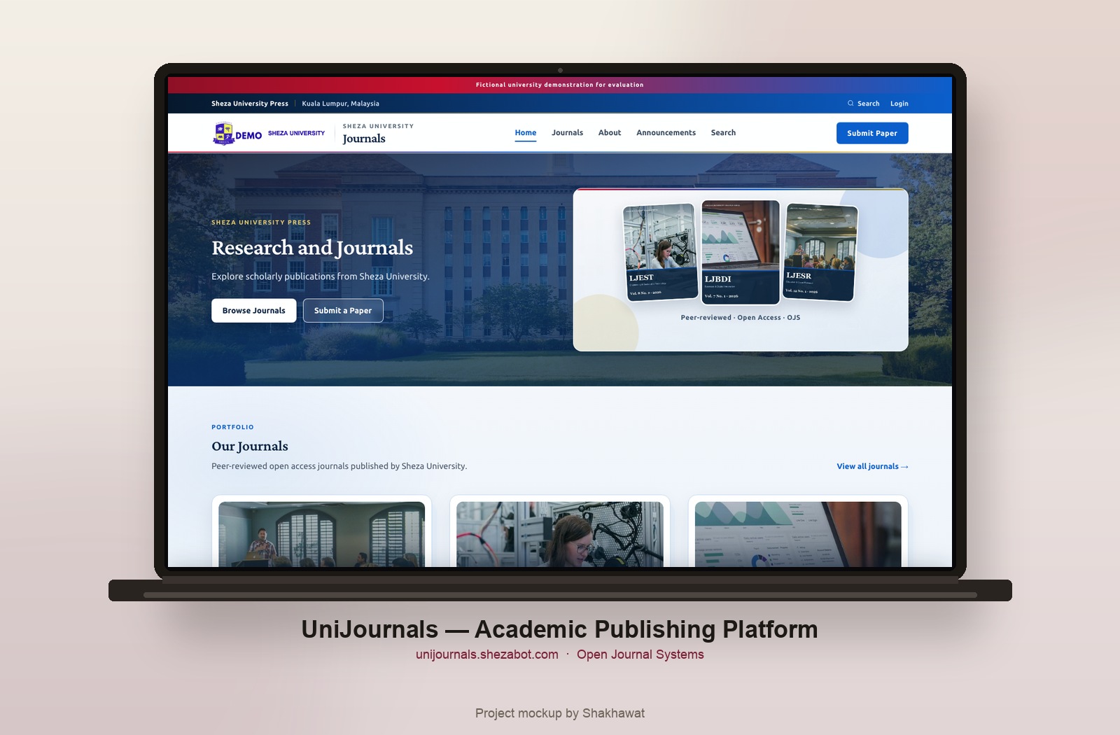 UniJournals academic publishing platform on desktop